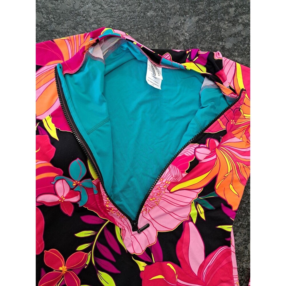 Trina Turk Solar Floral Half Zip Long Sleeve 1 Piece Rash Guard Swimsuit NWOT L - Picture 5 of 11